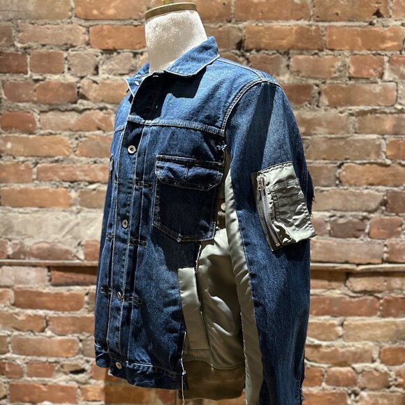 Sacai Hybrid Denim MA-1 Bomber Jacket Sz 3 – Indigo Blue / Olive Nylon Japan - Picture 2 of 8